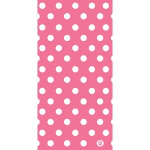 A pink background features evenly spaced white polka dots creating a playful design suitable for various decorative purposes in bright and cheerful contexts.