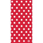 A red background features evenly spaced white polka dots creating a playful pattern suitable for decorative purposes or fashion contexts enhancing visual appeal.
