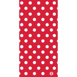 A red background features evenly spaced white polka dots creating a playful pattern suitable for decorative purposes or fashion contexts enhancing visual appeal.
