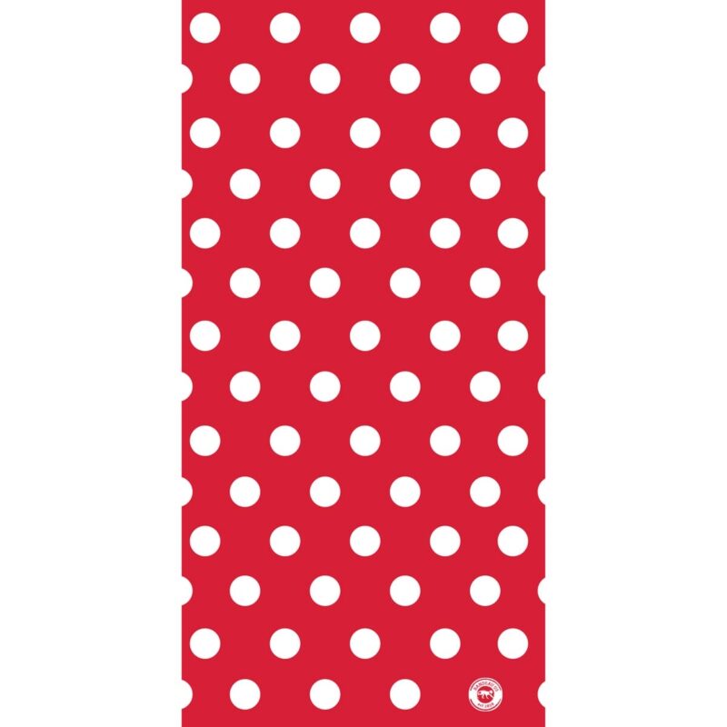 A red background features evenly spaced white polka dots creating a playful pattern suitable for decorative purposes or fashion contexts enhancing visual appeal.