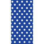 A blue background features a repetitive pattern of large white polka dots evenly spaced throughout the design creating a vibrant and playful appearance suitable for various decorative uses.