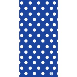 A blue background features a repetitive pattern of large white polka dots evenly spaced throughout the design creating a vibrant and playful appearance suitable for various decorative uses.