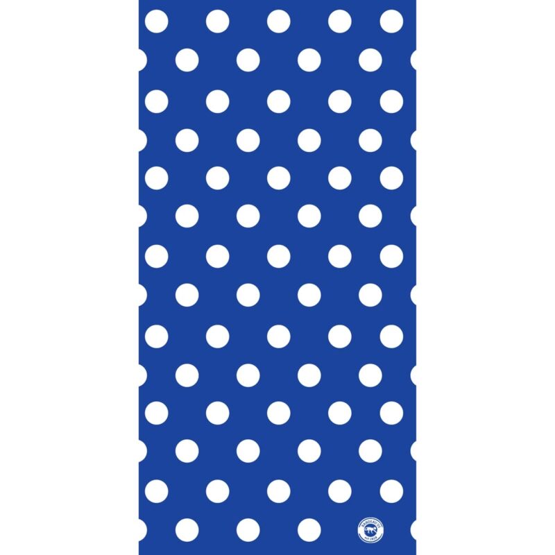 Polka Dot Tube Headband A blue background features a repetitive pattern of large white polka dots evenly spaced throughout the design creating a vibrant and playful appearance suitable for various decorative uses.