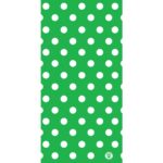 A green background features evenly spaced white polka dots creating a playful and vibrant pattern suitable for a variety of decorative uses in a cheerful setting.