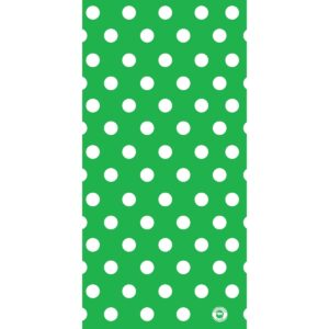 A green background features evenly spaced white polka dots creating a playful and vibrant pattern suitable for a variety of decorative uses in a cheerful setting.