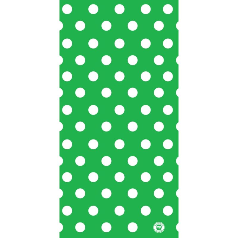 Polka Dot Tube Headband A green background features evenly spaced white polka dots creating a playful and vibrant pattern suitable for a variety of decorative uses in a cheerful setting.