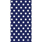 A patterned surface features evenly spaced large white polka dots on a dark blue background creating a visually striking design suitable for fabrics or wallpapers.