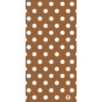 A brown background features evenly spaced white polka dots of varying sizes creating a playful and vibrant pattern designed for decorative purposes.