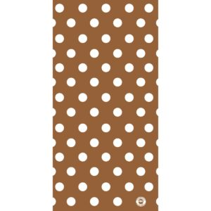 A brown background features evenly spaced white polka dots of varying sizes creating a playful and vibrant pattern designed for decorative purposes.