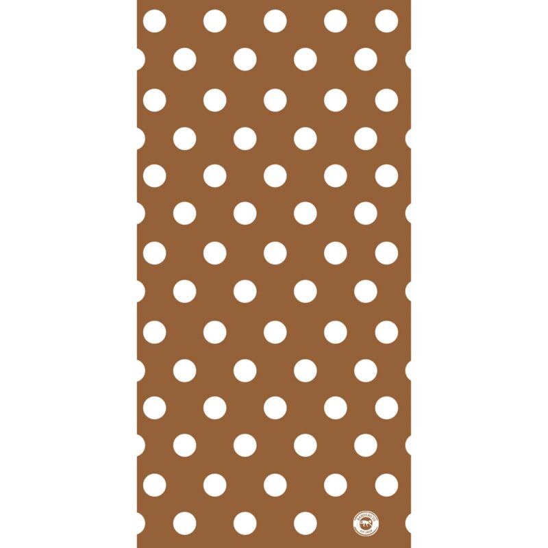 A brown background features evenly spaced white polka dots of varying sizes creating a playful and vibrant pattern designed for decorative purposes.