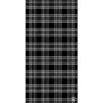 A black and grey plaid pattern covers the entire surface featuring intersecting lines creating squares and rectangles in a repeating design suitable for fabric or background use.