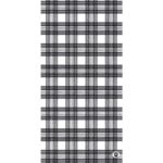 A black and white plaid fabric covers the surface with a regular grid pattern consisting of intersecting lines creating squares and rectangles in various sizes in a simple design.
