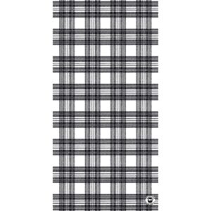 A black and white plaid fabric covers the surface with a regular grid pattern consisting of intersecting lines creating squares and rectangles in various sizes in a simple design.