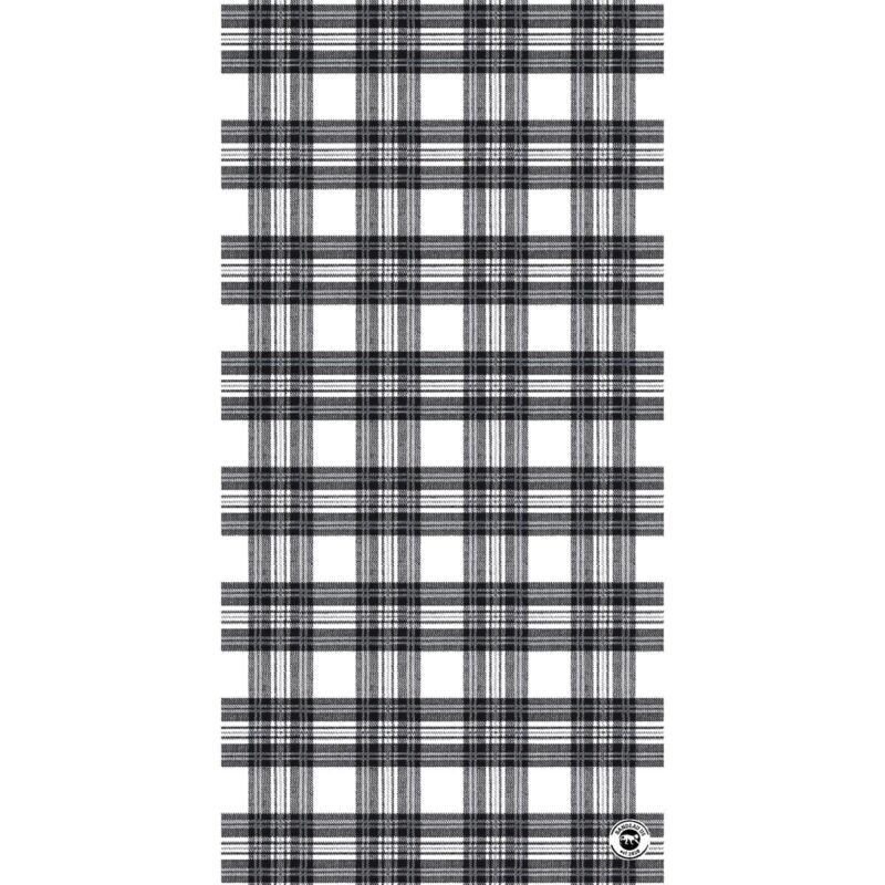 Plaid Tube Headband A black and white plaid fabric covers the surface with a regular grid pattern consisting of intersecting lines creating squares and rectangles in various sizes in a simple design.