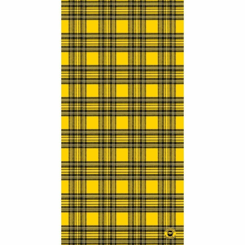 Plaid Tube Headband A yellow plaid fabric with black lines creates a grid pattern covering the entire surface emphasizing bright colors and bold contrasts suitable for various textile applications.