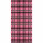 A pink plaid pattern features alternating squares of dark pink and black lines intersecting to create a checkered design across the entire surface with a simple logo in the bottom corner.
