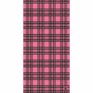 A pink plaid pattern features alternating squares of dark pink and black lines intersecting to create a checkered design across the entire surface with a simple logo in the bottom corner.