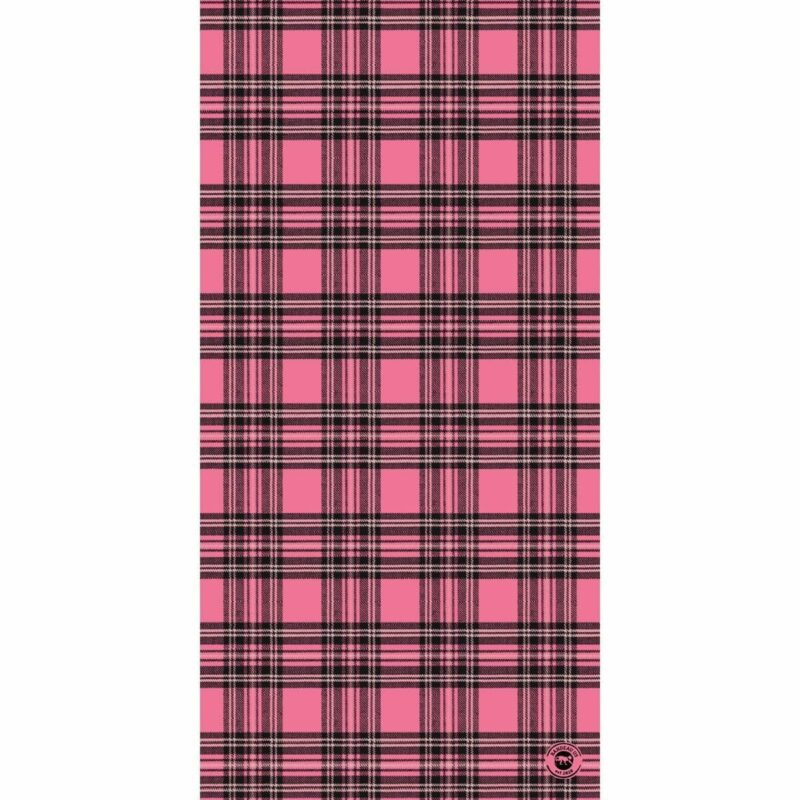 Plaid Tube Headband A pink plaid pattern features alternating squares of dark pink and black lines intersecting to create a checkered design across the entire surface with a simple logo in the bottom corner.