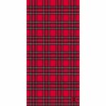 A red plaid fabric features a pattern of black and white lines forming squares and rectangles against a solid red background creating a vibrant and classic textile design.