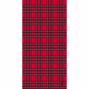 A red plaid fabric features a pattern of black and white lines forming squares and rectangles against a solid red background creating a vibrant and classic textile design.