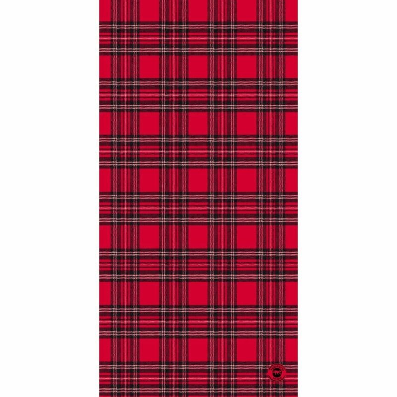 Plaid Tube Headband A red plaid fabric features a pattern of black and white lines forming squares and rectangles against a solid red background creating a vibrant and classic textile design.