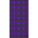 A purple plaid fabric features a pattern of black and white lines creating squares and rectangles on a smooth surface providing a stylish textile choice for clothing or decor.