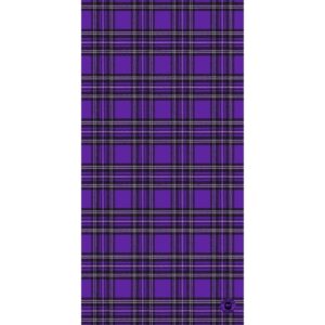 A purple plaid fabric features a pattern of black and white lines creating squares and rectangles on a smooth surface providing a stylish textile choice for clothing or decor.