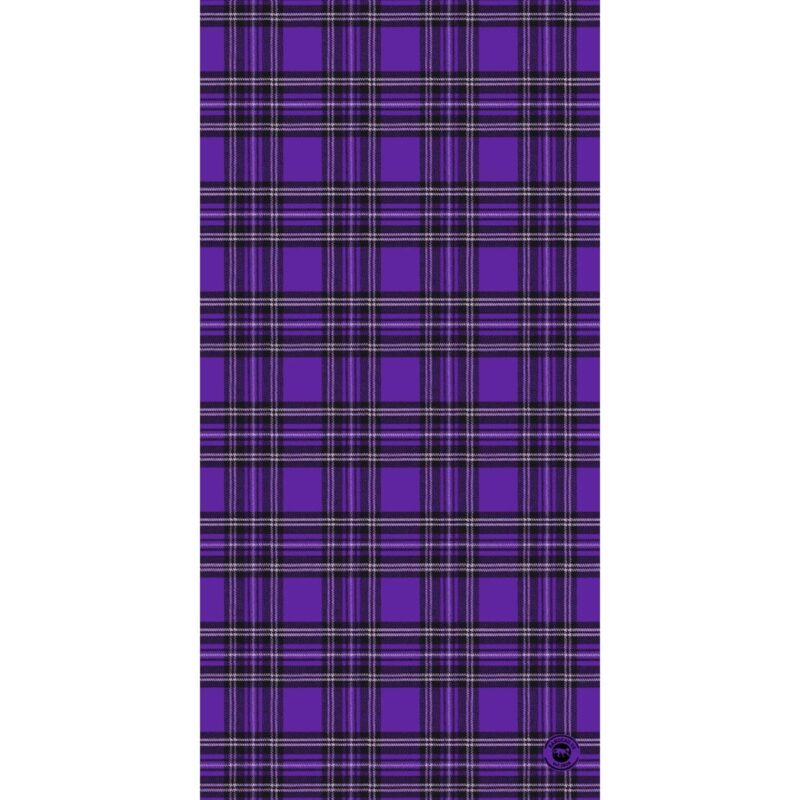 A purple plaid fabric features a pattern of black and white lines creating squares and rectangles on a smooth surface providing a stylish textile choice for clothing or decor.