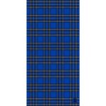 A patterned fabric features a blue plaid design with black and white lines intersecting to create squares arranged uniformly across the surface  providing a vibrant and bold textile appearance.