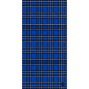 A patterned fabric features a blue plaid design with black and white lines intersecting to create squares arranged uniformly across the surface  providing a vibrant and bold textile appearance.