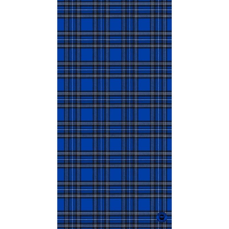 A patterned fabric features a blue plaid design with black and white lines intersecting to create squares arranged uniformly across the surface  providing a vibrant and bold textile appearance.
