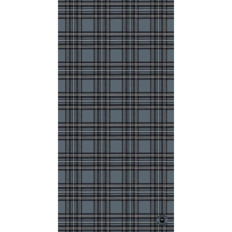 Plaid Tube Headband A plaid fabric displays a pattern of alternating squares in shades of gray and black with white lines intersecting. The context suggests it's suitable for textile applications or clothing design.