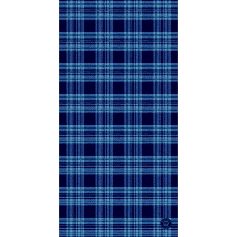 Plaid Tube Headband A blue plaid fabric features dark blue and light blue lines forming a grid pattern against a solid dark background creating a textured appearance suitable for clothing or upholstery.