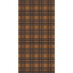 A brown plaid fabric features a repeated pattern of squares and lines in dark and light hues arranged symmetrically across the surface.