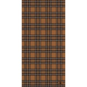 A brown plaid fabric features a repeated pattern of squares and lines in dark and light hues arranged symmetrically across the surface.