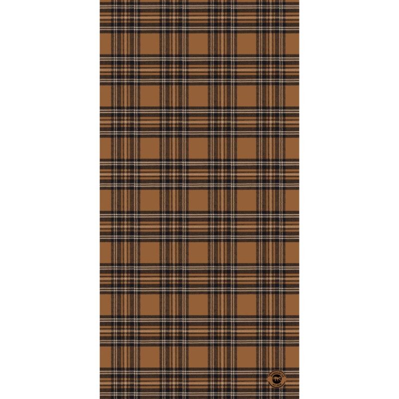 Plaid Tube Headband A brown plaid fabric features a repeated pattern of squares and lines in dark and light hues arranged symmetrically across the surface.