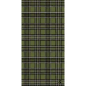 A green plaid fabric features alternating dark and light green squares bordered by black and white lines creating a repetitive symmetrical pattern suitable for clothing or upholstery.