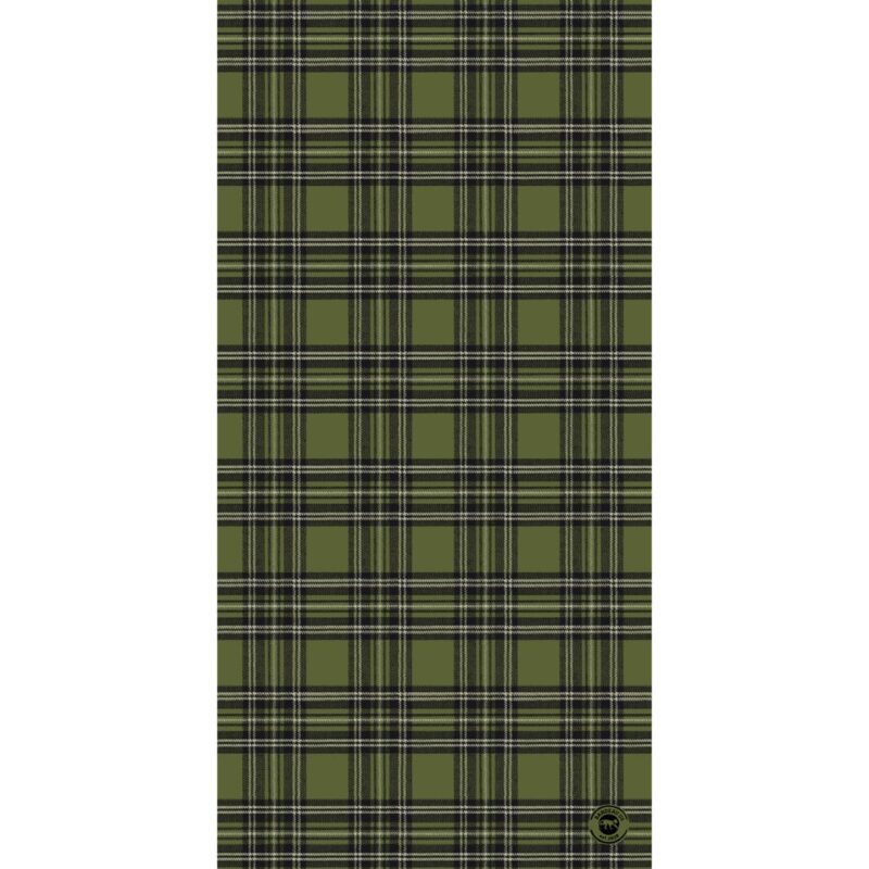 Plaid Tube Headband A green plaid fabric features alternating dark and light green squares bordered by black and white lines creating a repetitive symmetrical pattern suitable for clothing or upholstery.