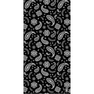 A black fabric features a repeating pattern of white paisley shapes and ornamental designs creating a visually striking contrast suited for textiles or decorative purposes.
