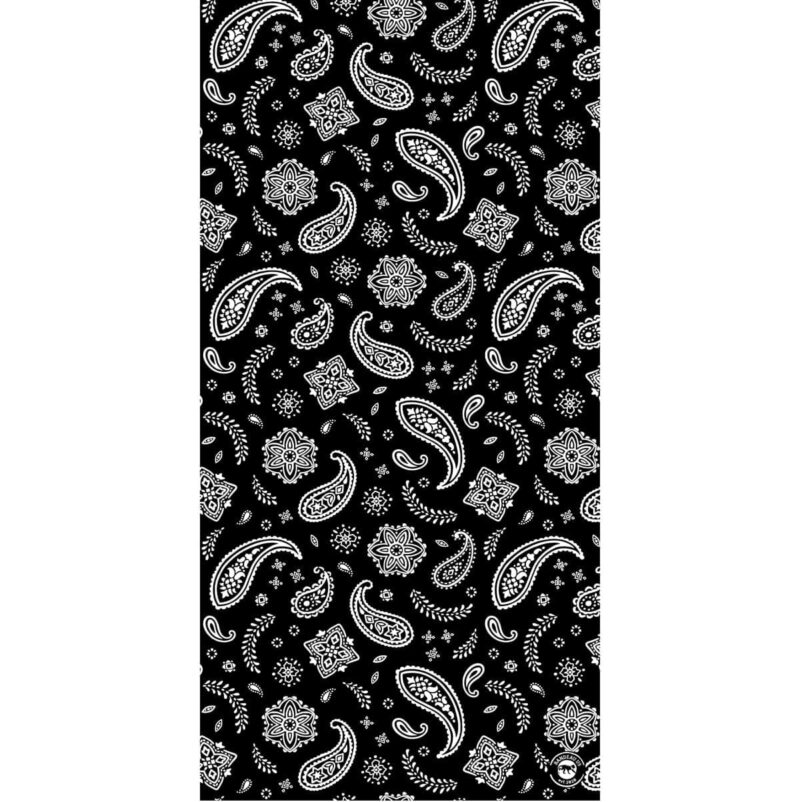 A black fabric features a repeating pattern of white paisley shapes and ornamental designs creating a visually striking contrast suited for textiles or decorative purposes.