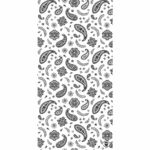 A patterned surface displays intricate black paisley shapes alongside floral designs on a white background creating a visually appealing and classic motif suitable for fabric or decor.