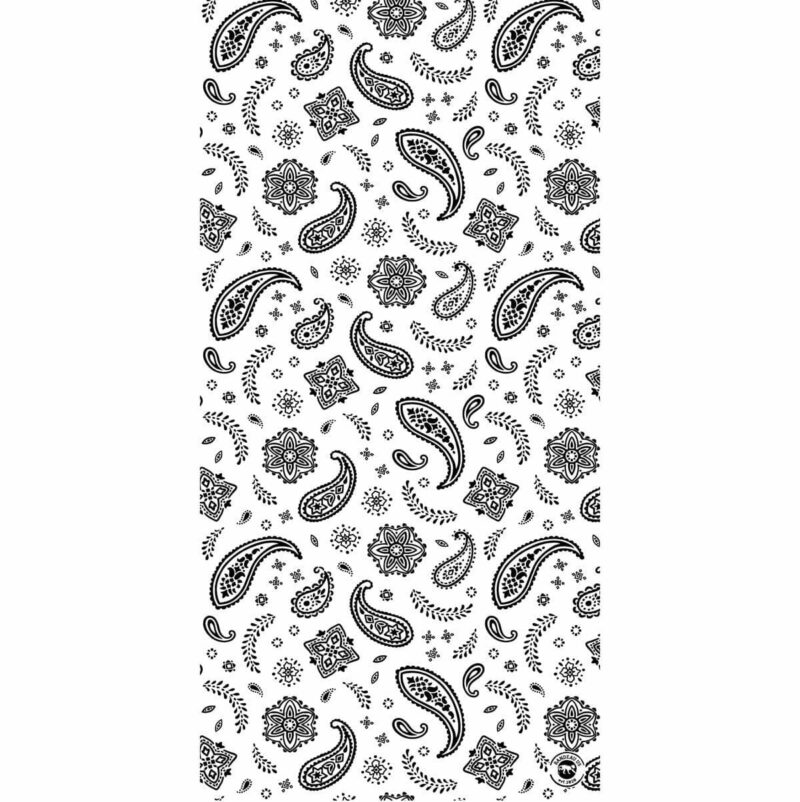 All Over Paisley Tube Headband A patterned surface displays intricate black paisley shapes alongside floral designs on a white background creating a visually appealing and classic motif suitable for fabric or decor.