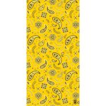 A bright yellow fabric features intricate black paisley and floral patterns. The design is repetitive and covers the entire surface  showcasing an artistic and vibrant aesthetic suitable for clothing or decor.