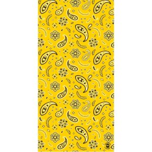 A vibrant yellow fabric features intricate black paisley and floral patterns. The design is repetitive throughout  creating an energetic and eye-catching textile suitable for various applications.