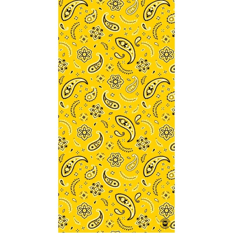 All Over Paisley Tube Headband A vibrant yellow fabric features intricate black paisley and floral patterns. The design is repetitive throughout creating an energetic and eye-catching textile suitable for various applications.
