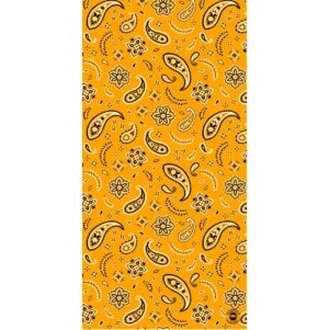 A vibrant orange fabric features a repeating pattern of black paisley shapes and floral designs intertwined with delicate lines  creating a lively decorative textile suitable for various uses.