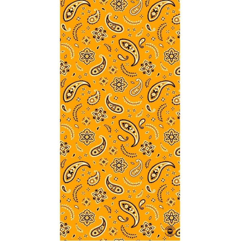 A vibrant orange fabric features a repeating pattern of black paisley shapes and floral designs intertwined with delicate lines  creating a lively decorative textile suitable for various uses.