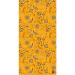 A vibrant yellow fabric features a repeated paisley and floral pattern in black and white. The design creates a dynamic and lively visual effect suitable for textiles or decorative purposes.