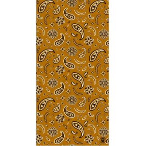 A patterned fabric features intricate paisley and floral designs in black and white against a warm mustard background creating a vibrant and decorative textile suitable for various uses.