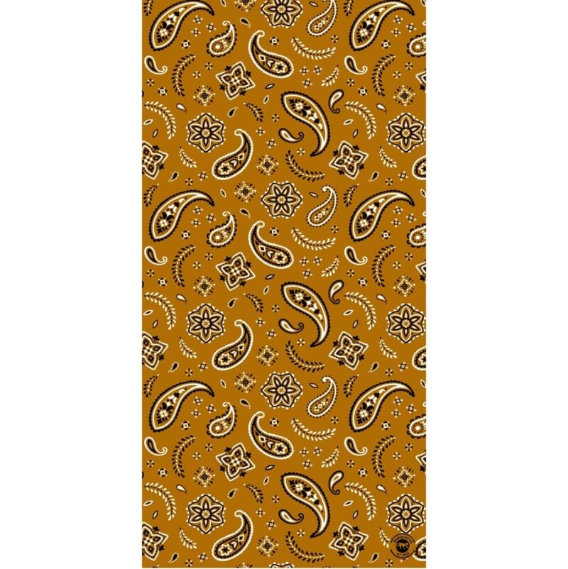 A patterned fabric features intricate paisley and floral designs in black and white against a warm mustard background creating a vibrant and decorative textile suitable for various uses.